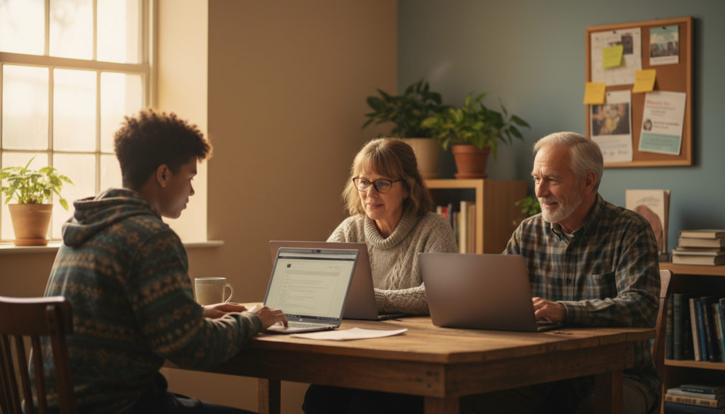 Un membre de notre association accompagnant deux personnes âgées dans l'apprentissage des ordinateurs portable.